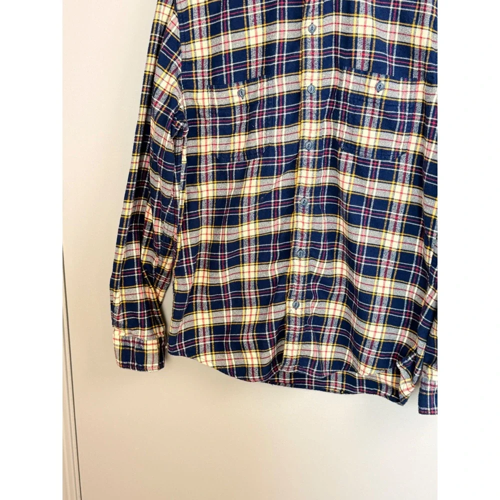 J. Crew Mens Flannel Shirt L Blue Yellow Plaid Cotton‎ Long Sleeve AF877 Y2K